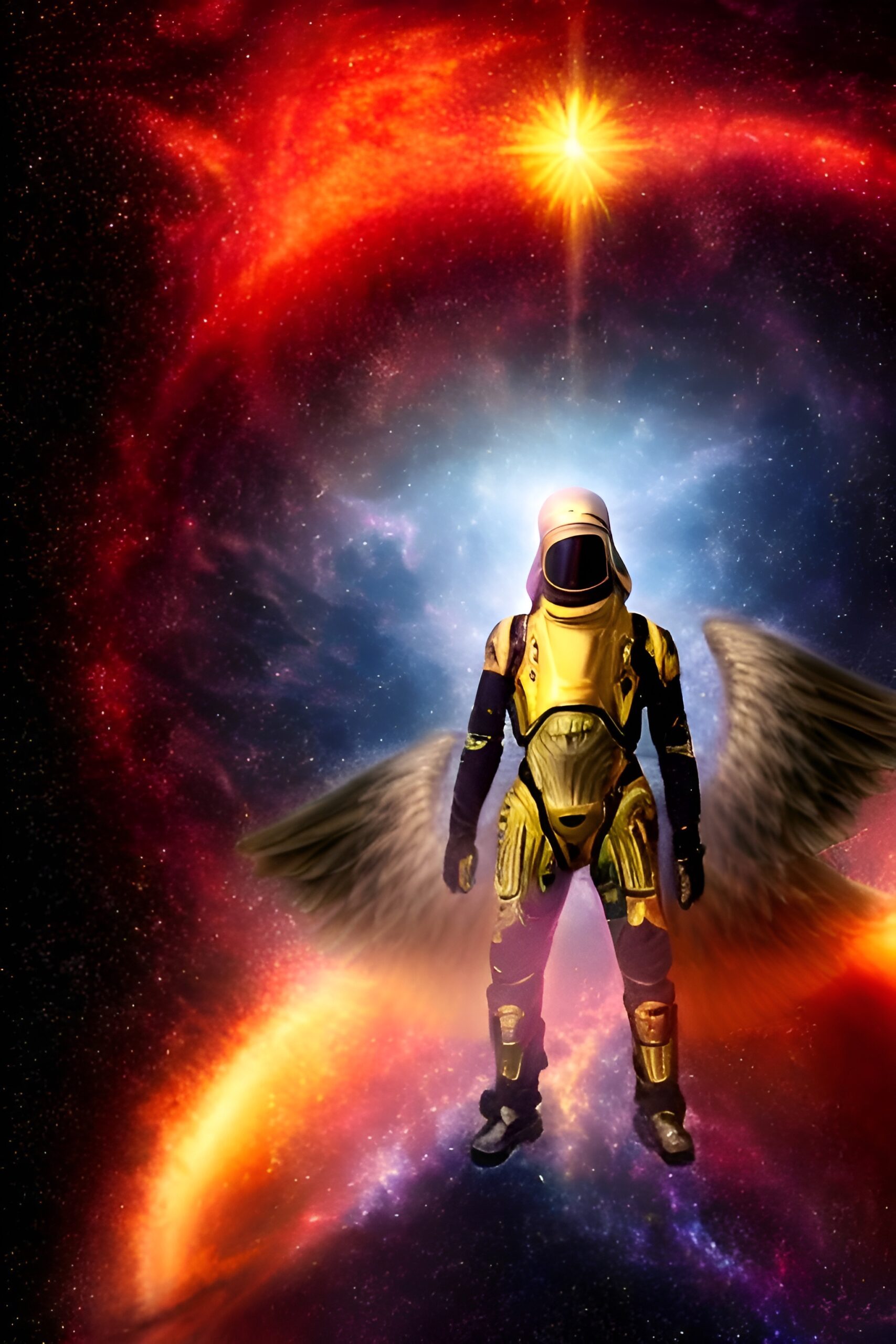 Angelic person in a space suit in front of a nebula